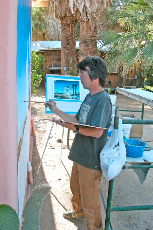 Makoto painting the Spirit of Mara at the 29 Palms Inn 